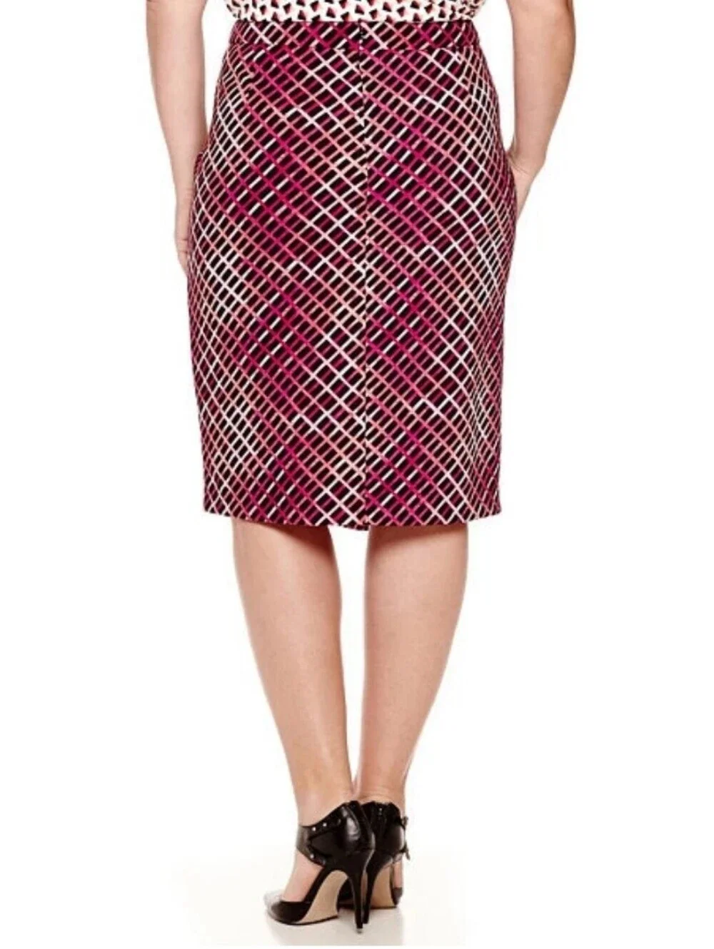 NWT Worthington Exposed-Zip Print Envelope Skirt Coral Pink Black Stretch Sz 14